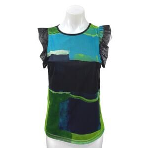 DKNY Women's Blue Green Colorblock Ruffle Mesh Sleeveless Blouse Top Size S